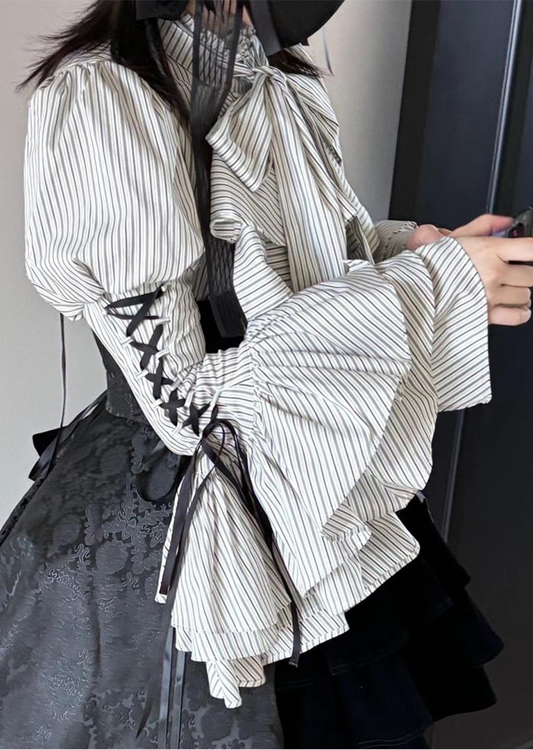 FlowerFairyDaily - Gothic Lolita Striped Shirt With Alternative NeckTie/Jabot - Image 26