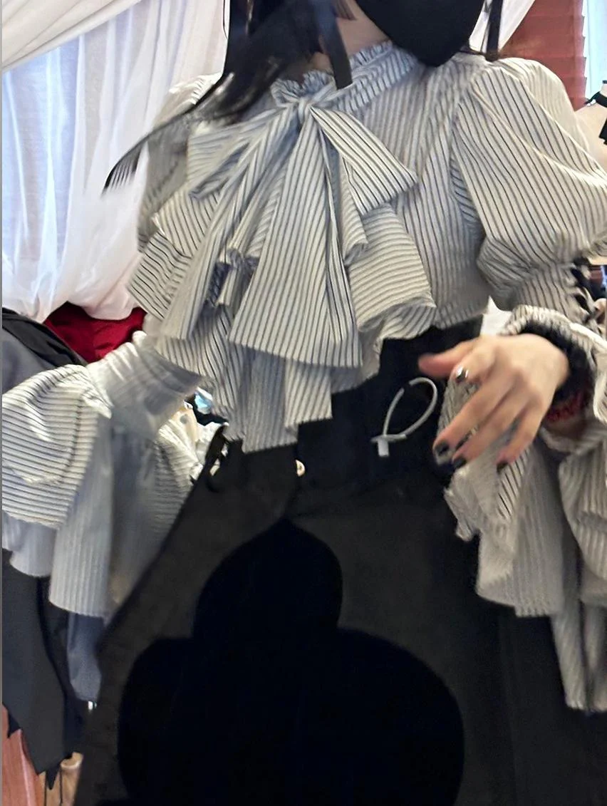 FlowerFairyDaily - Gothic Lolita Striped Shirt With Alternative NeckTie/Jabot - Image 27