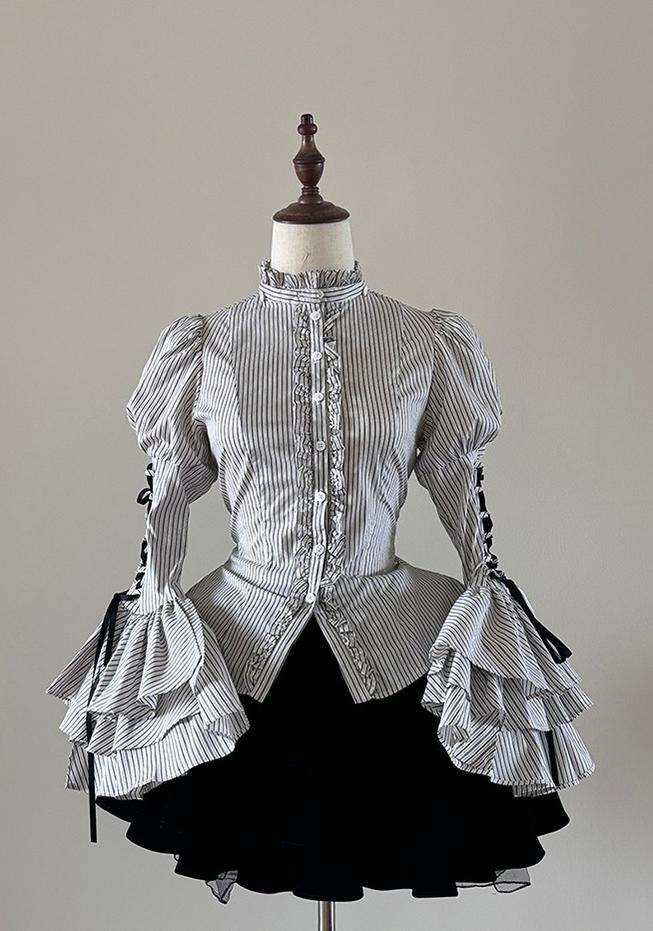 FlowerFairyDaily - Gothic Lolita Striped Shirt With Alternative NeckTie/Jabot - Image 29