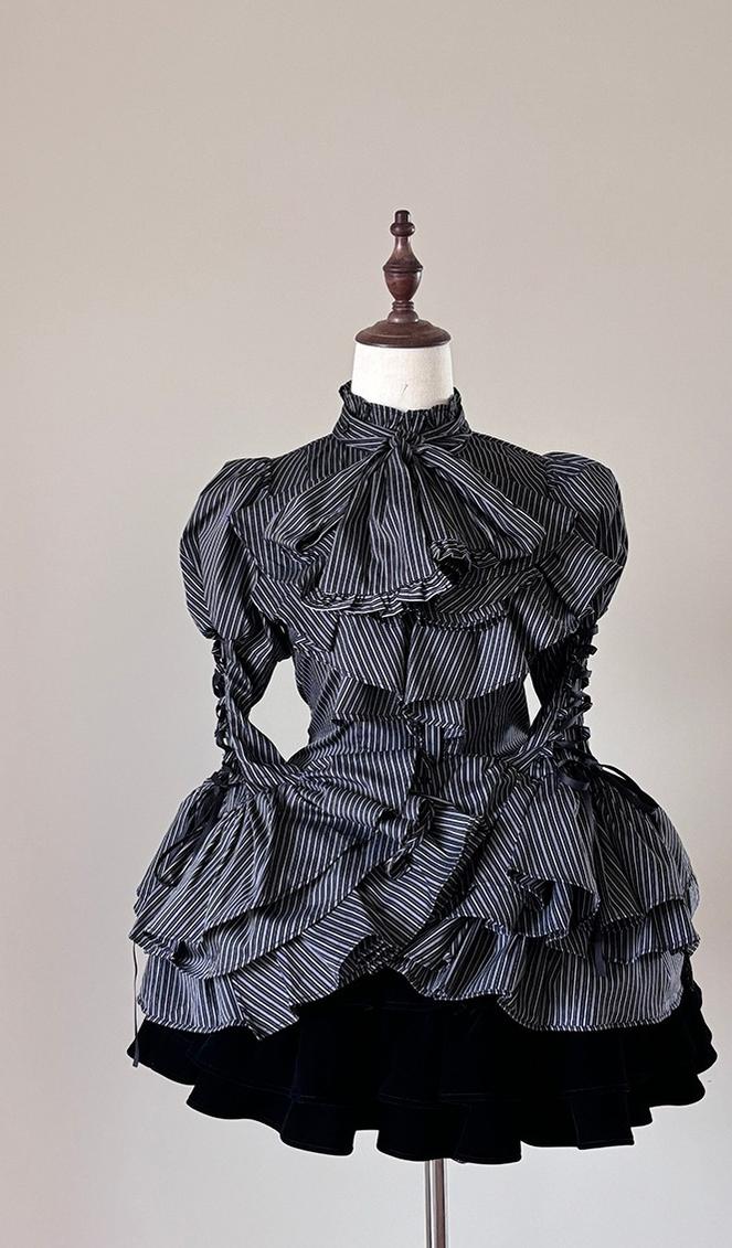 FlowerFairyDaily - Gothic Lolita Striped Shirt With Alternative NeckTie/Jabot - Image 3