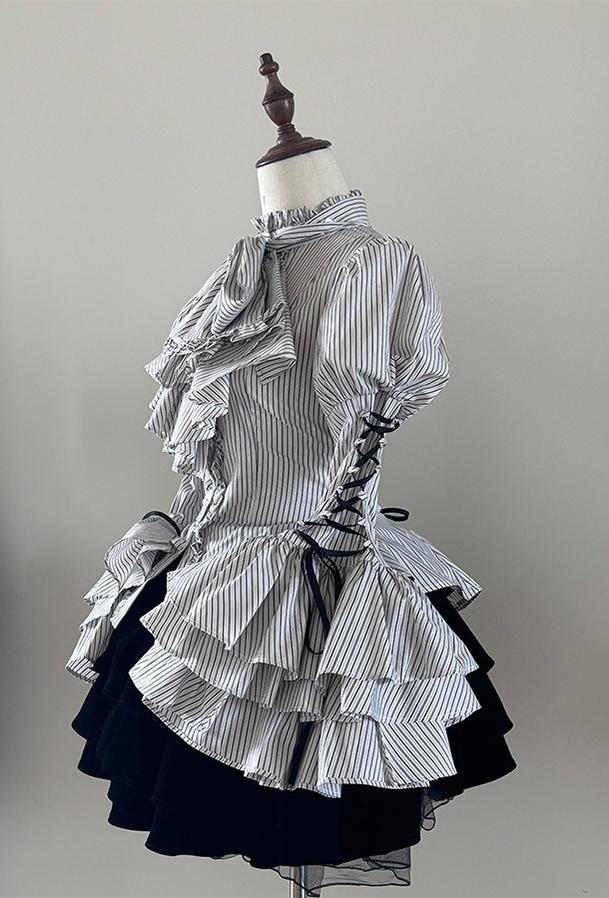 FlowerFairyDaily - Gothic Lolita Striped Shirt With Alternative NeckTie/Jabot - Image 30