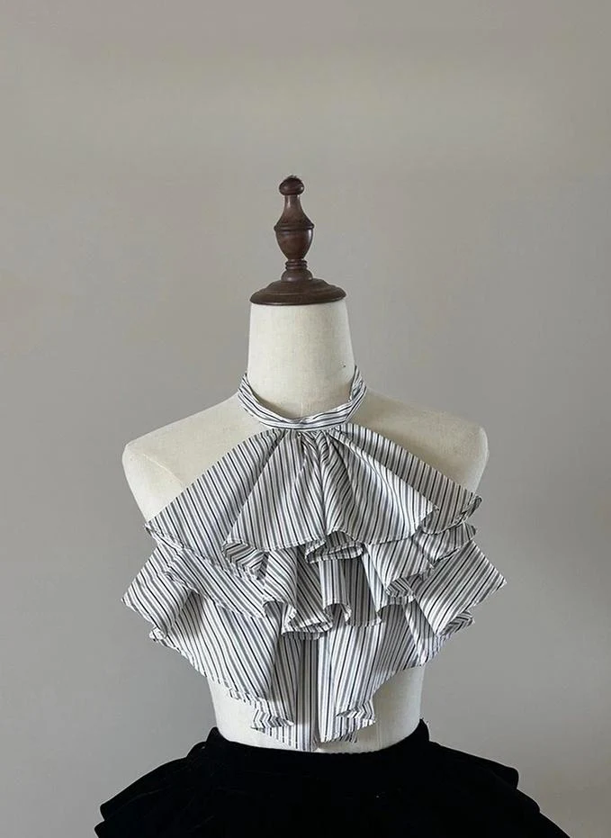 FlowerFairyDaily - Gothic Lolita Striped Shirt With Alternative NeckTie/Jabot - Image 32