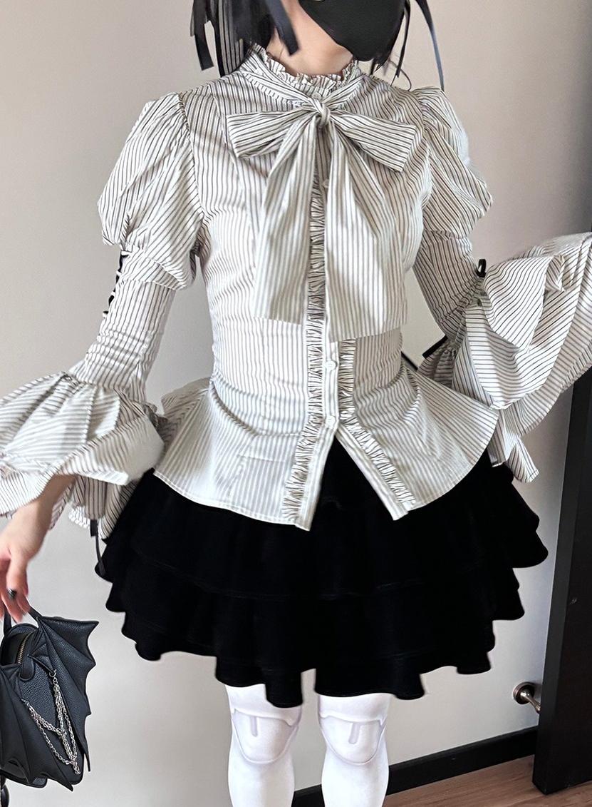 FlowerFairyDaily - Gothic Lolita Striped Shirt With Alternative NeckTie/Jabot - Image 4