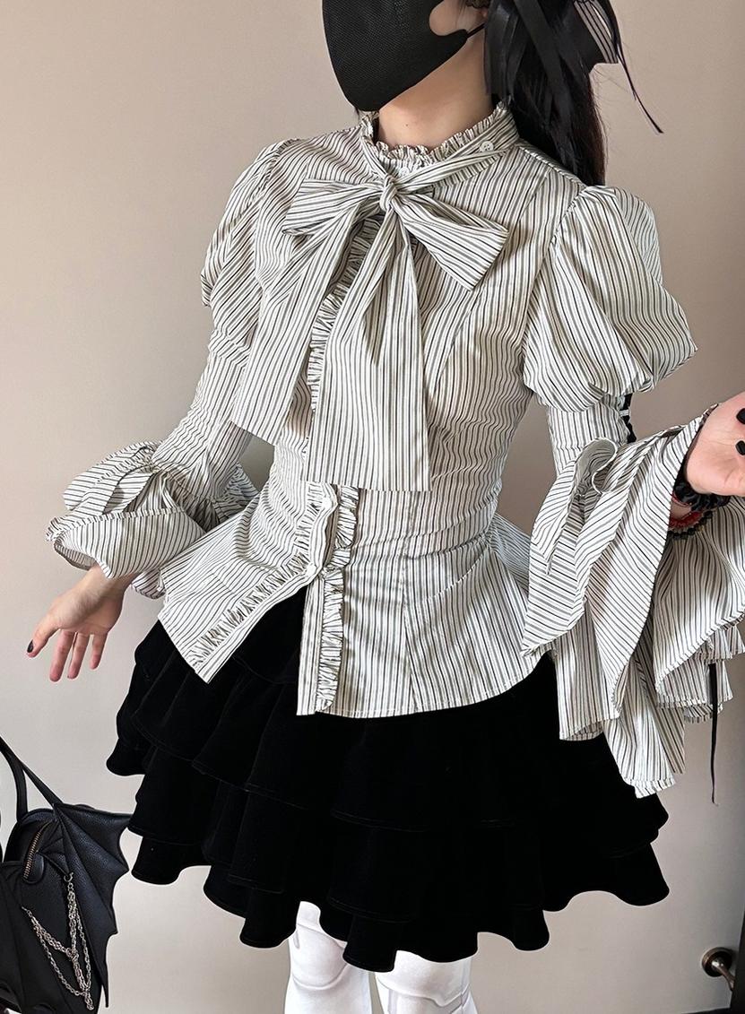 FlowerFairyDaily - Gothic Lolita Striped Shirt With Alternative NeckTie/Jabot - Image 5