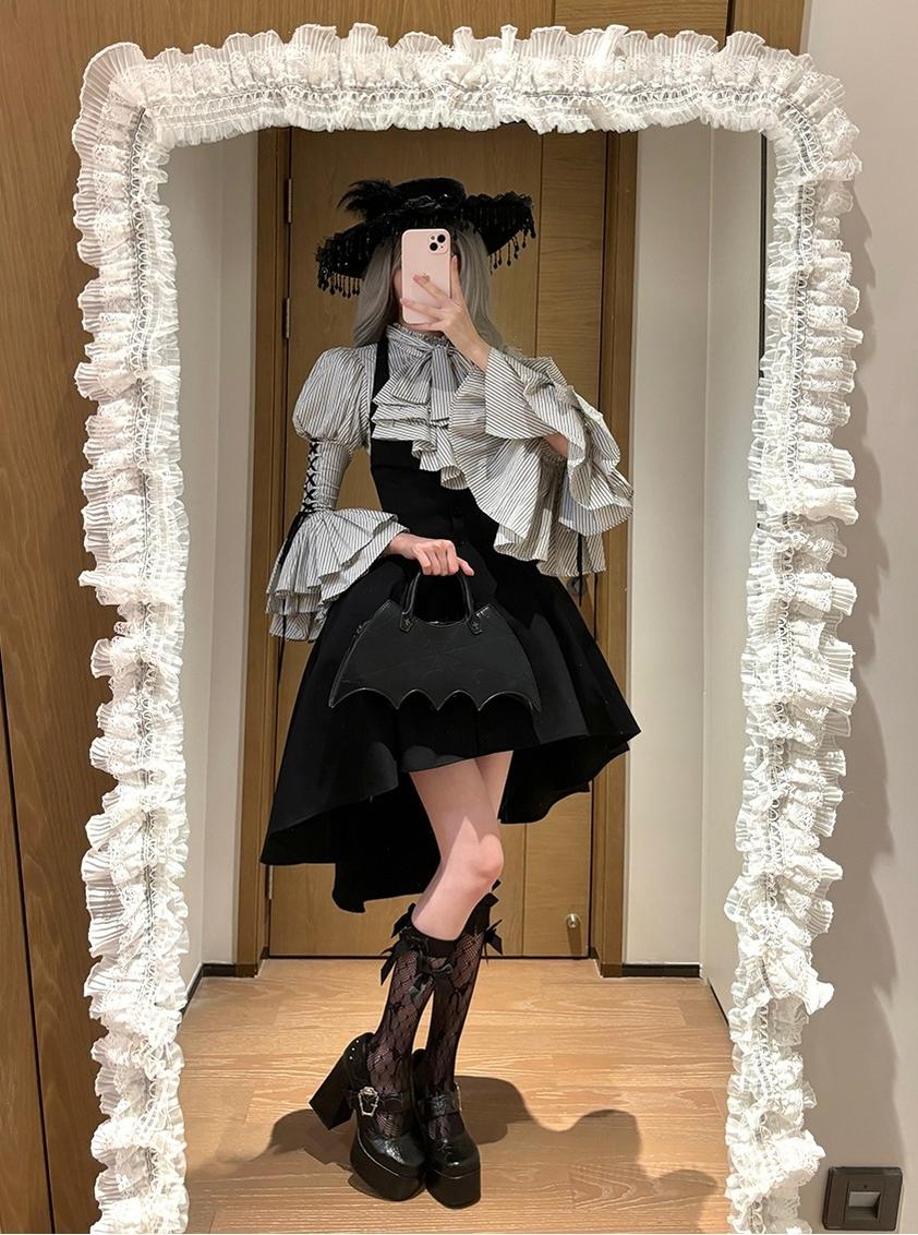 FlowerFairyDaily - Gothic Lolita Striped Shirt With Alternative NeckTie/Jabot - Image 6