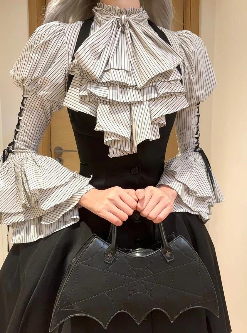 FlowerFairyDaily - Gothic Lolita Striped Shirt With Alternative NeckTie/Jabot - Image 7