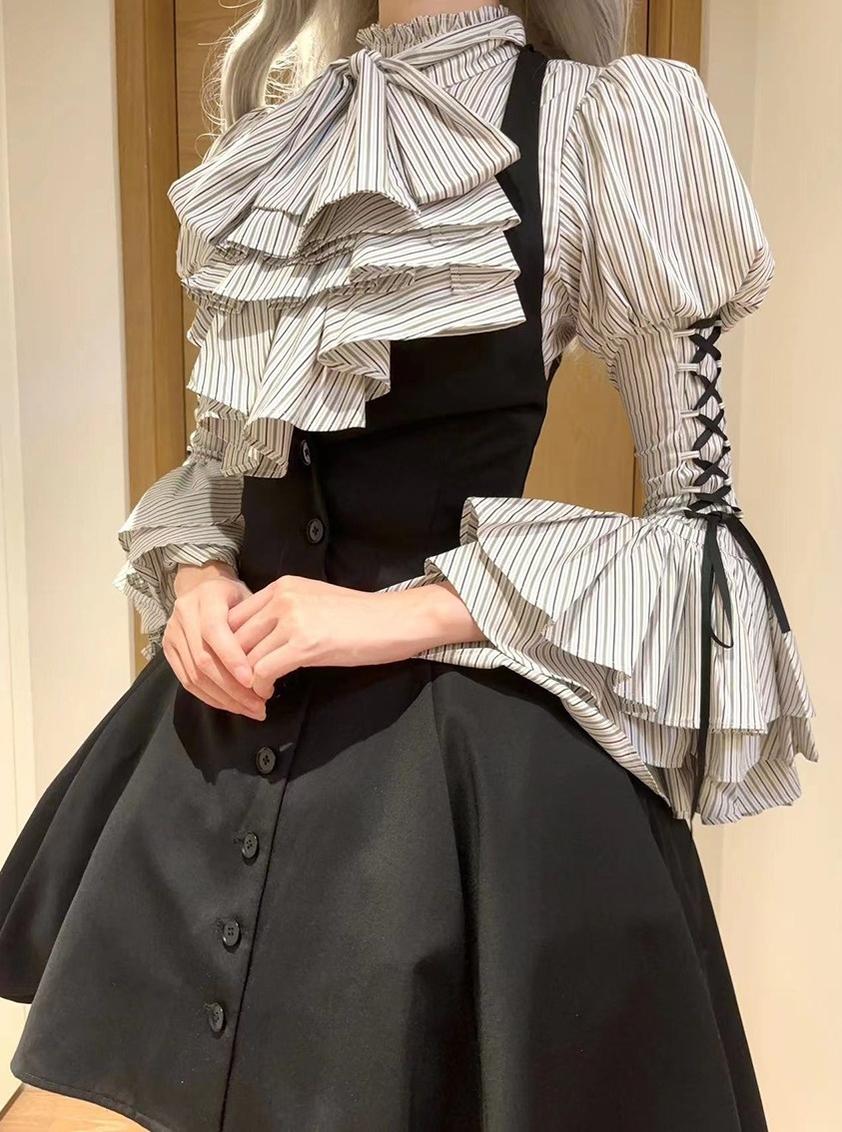 FlowerFairyDaily - Gothic Lolita Striped Shirt With Alternative NeckTie/Jabot - Image 8