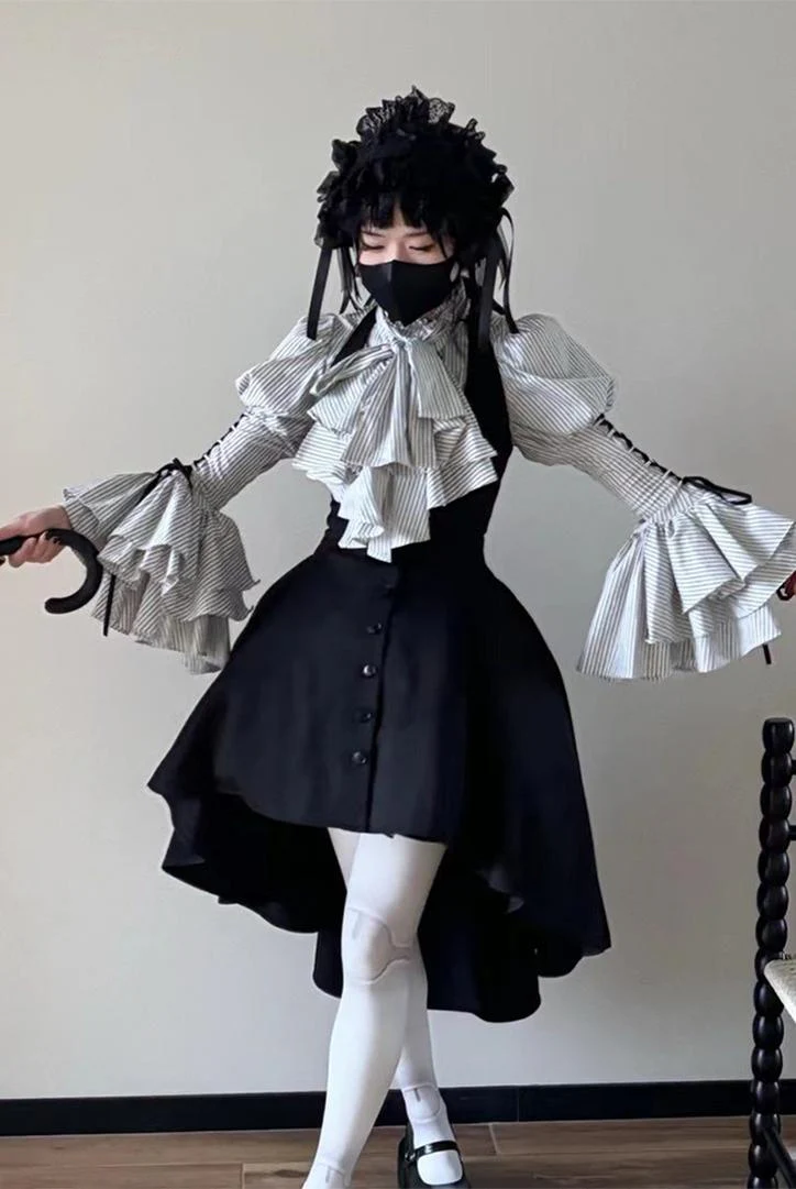 FlowerFairyDaily - Gothic Lolita Striped Shirt With Alternative NeckTie/Jabot - Image 9