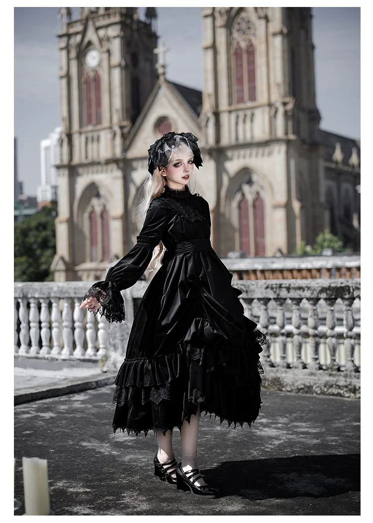 Dawn Bell & Dusk Song - Gothic Lolita Velvet OP Dress, Back Zipper - Image 14