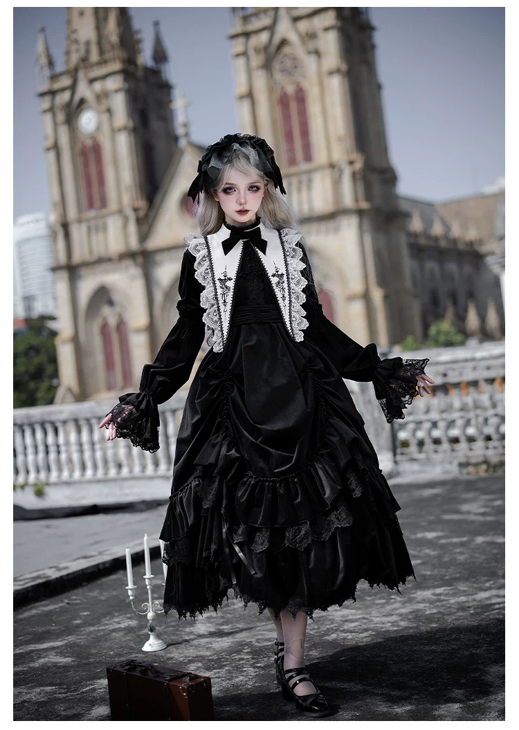 Dawn Bell & Dusk Song - Gothic Lolita Velvet OP Dress, Back Zipper - Image 15