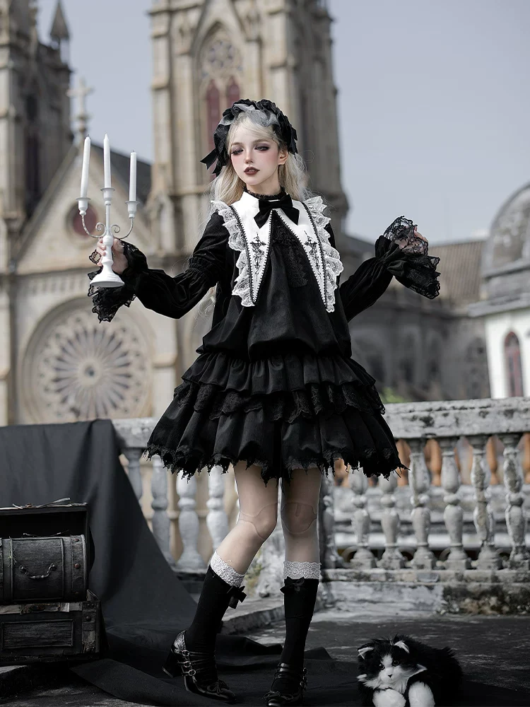 Dawn Bell & Dusk Song - Gothic Lolita Velvet OP Dress, Back Zipper - Image 4