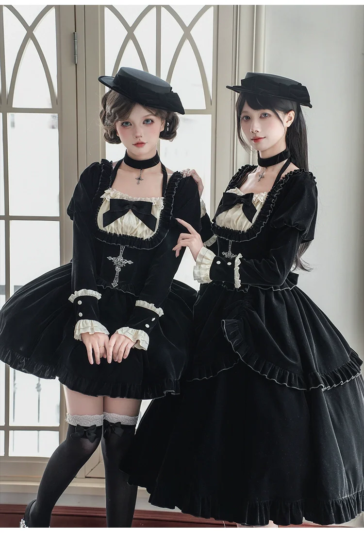 With PUJI - Apocalypse - Gothic Lolita Velvet OP Dress Set, Fishbone Waist - Image 11