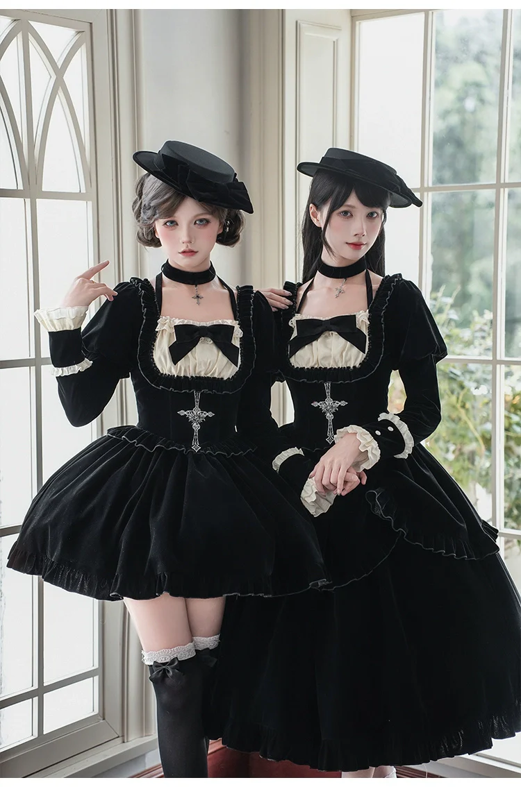 With PUJI - Apocalypse - Gothic Lolita Velvet OP Dress Set, Fishbone Waist - Image 12
