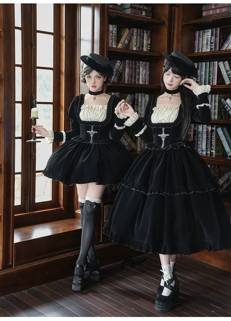 With PUJI - Apocalypse - Gothic Lolita Velvet OP Dress Set, Fishbone Waist - Image 13