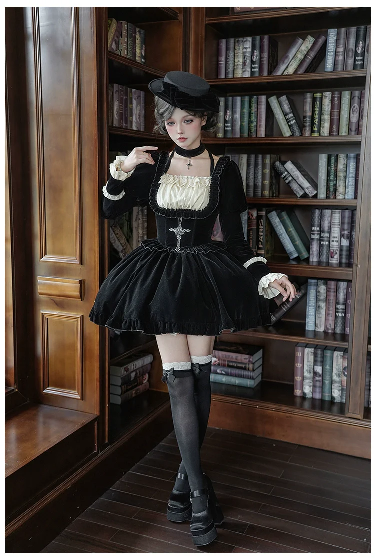 With PUJI - Apocalypse - Gothic Lolita Velvet OP Dress Set, Fishbone Waist - Image 14