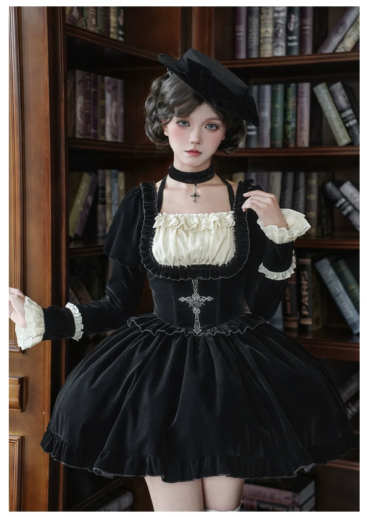 With PUJI - Apocalypse - Gothic Lolita Velvet OP Dress Set, Fishbone Waist - Image 15