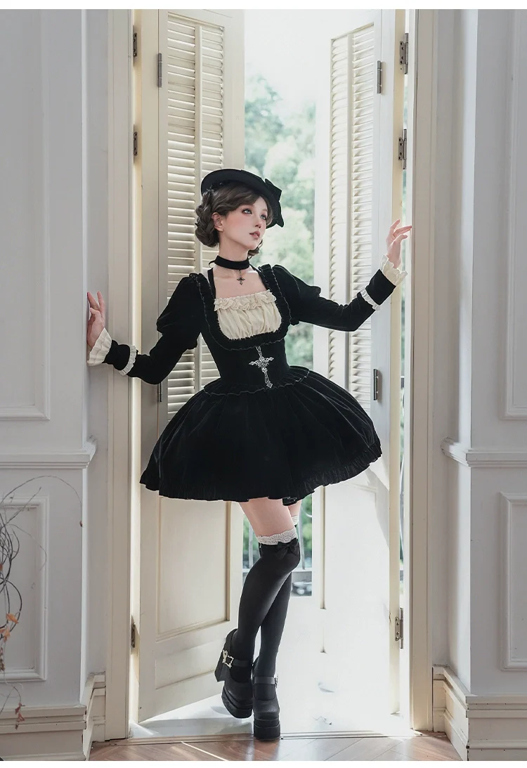 With PUJI - Apocalypse - Gothic Lolita Velvet OP Dress Set, Fishbone Waist - Image 16