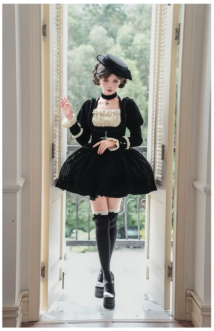 With PUJI - Apocalypse - Gothic Lolita Velvet OP Dress Set, Fishbone Waist - Image 17