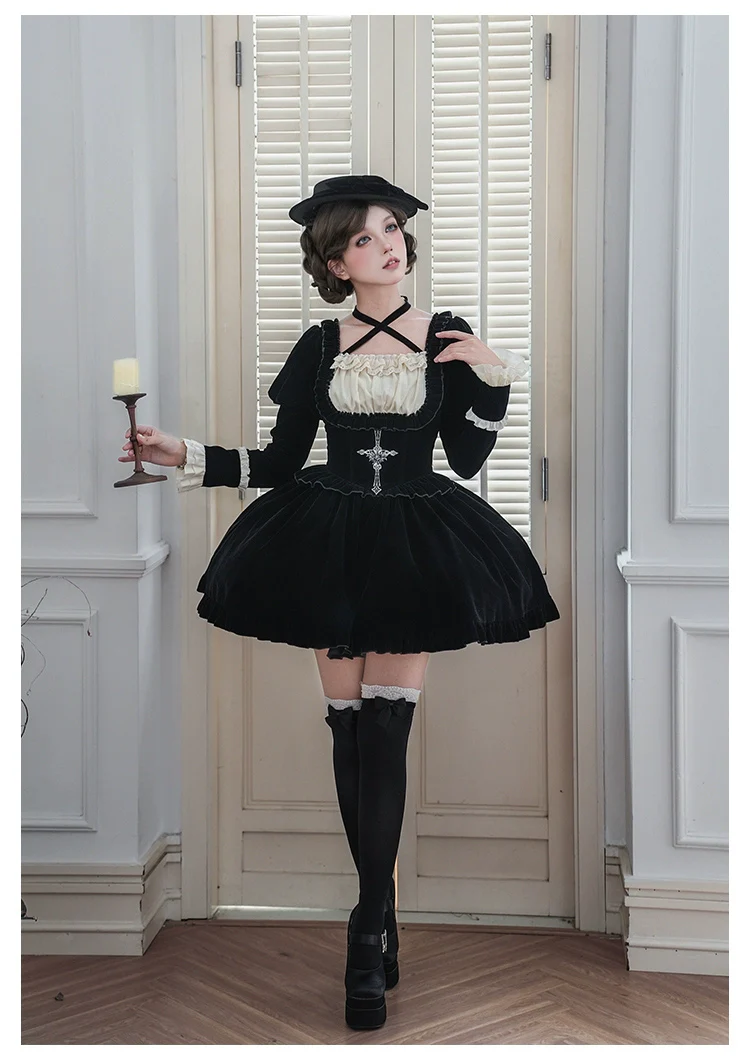 With PUJI - Apocalypse - Gothic Lolita Velvet OP Dress Set, Fishbone Waist - Image 18