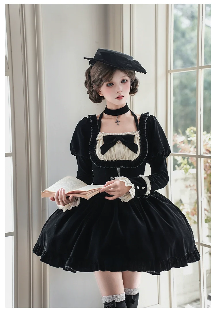 With PUJI - Apocalypse - Gothic Lolita Velvet OP Dress Set, Fishbone Waist - Image 19