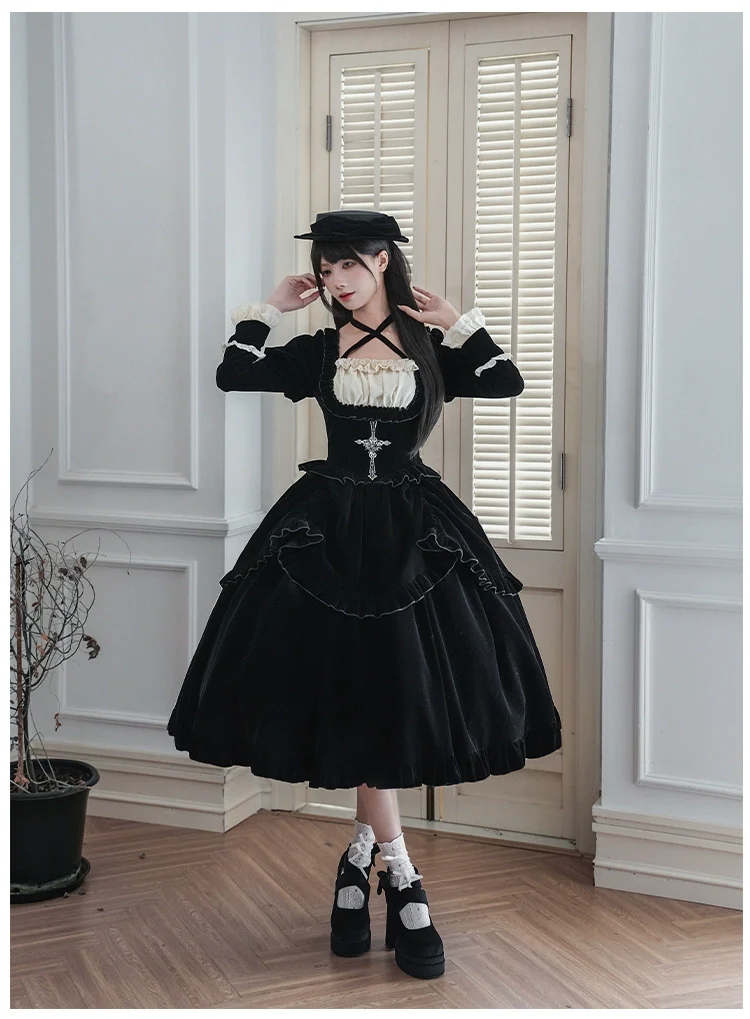 With PUJI - Apocalypse - Gothic Lolita Velvet OP Dress Set, Fishbone Waist - Image 22