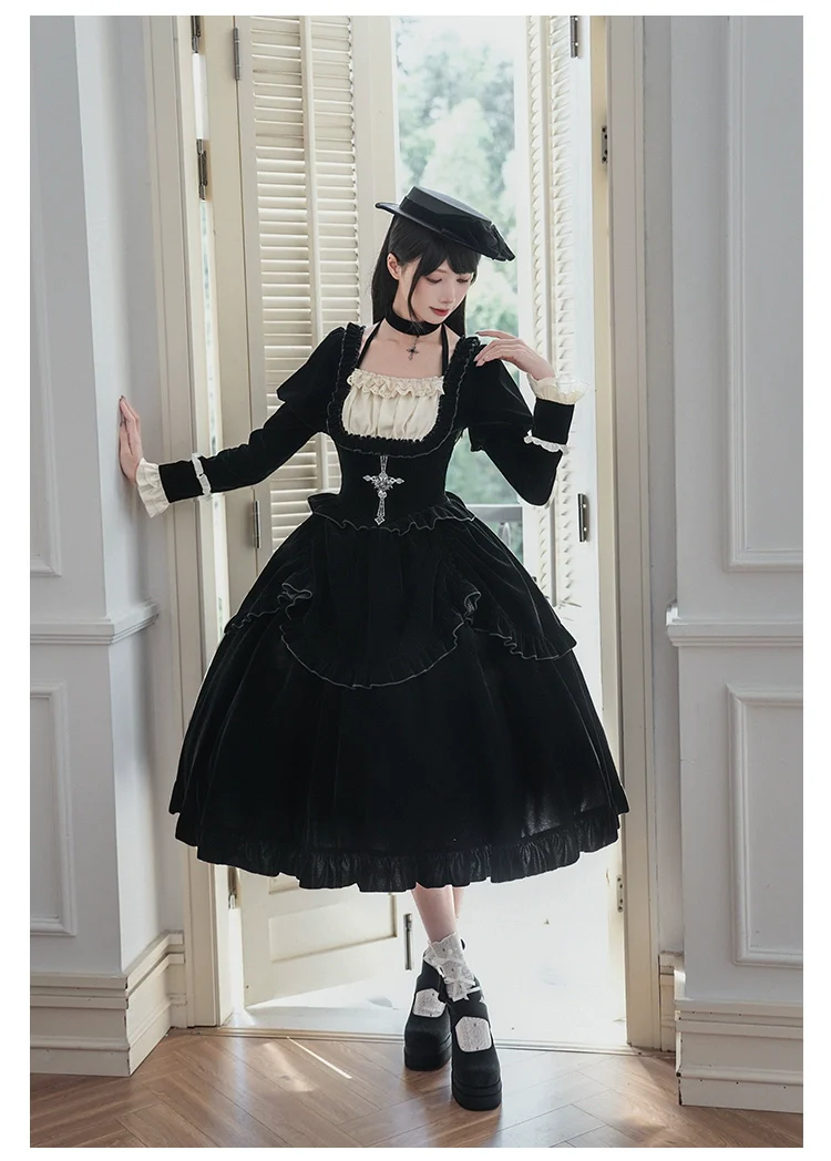 With PUJI - Apocalypse - Gothic Lolita Velvet OP Dress Set, Fishbone Waist - Image 23