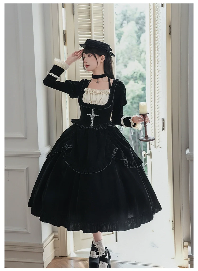 With PUJI - Apocalypse - Gothic Lolita Velvet OP Dress Set, Fishbone Waist - Image 24