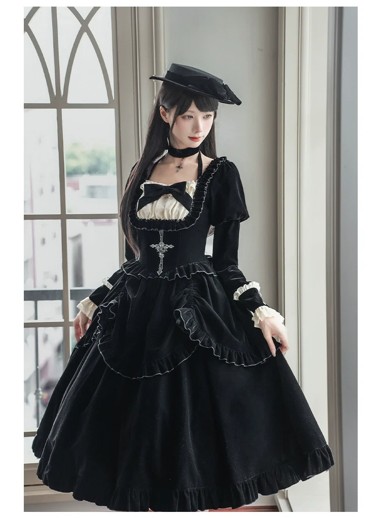 With PUJI - Apocalypse - Gothic Lolita Velvet OP Dress Set, Fishbone Waist - Image 25