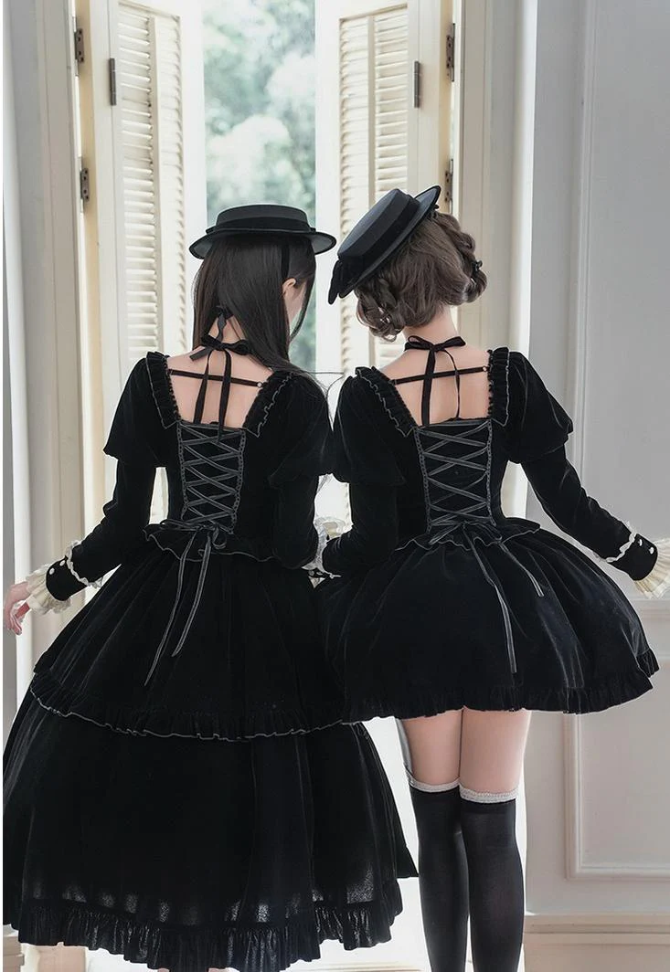 With PUJI - Apocalypse - Gothic Lolita Velvet OP Dress Set, Fishbone Waist - Image 4