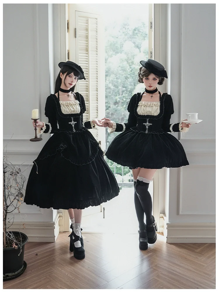 With PUJI - Apocalypse - Gothic Lolita Velvet OP Dress Set, Fishbone Waist - Image 6