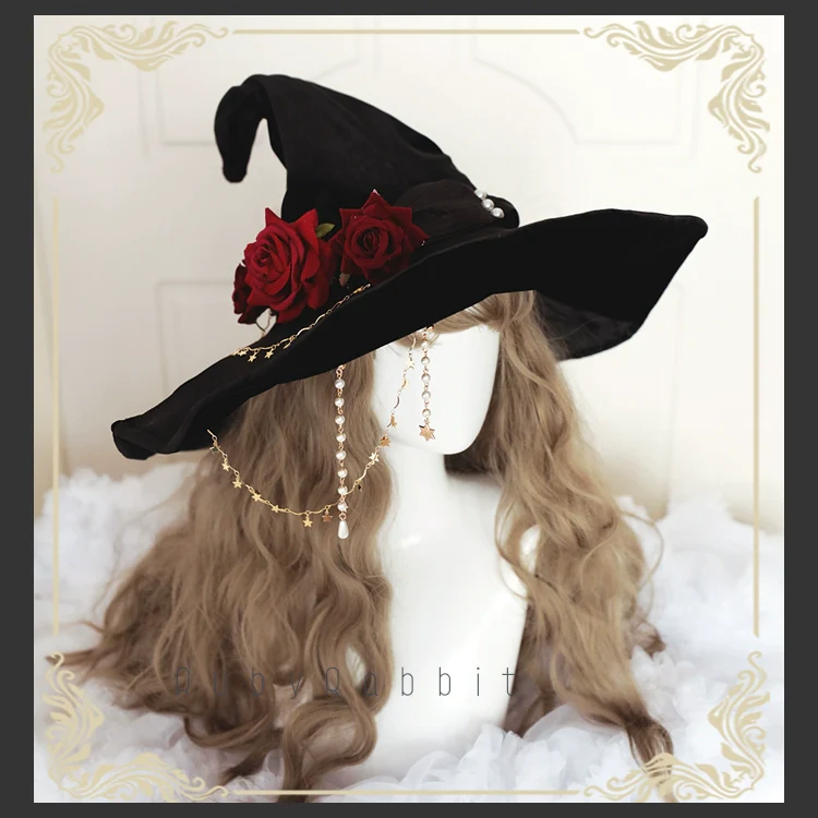 Gothic Lolita Witch Hat Velvet Halloween Hat Wide Brim