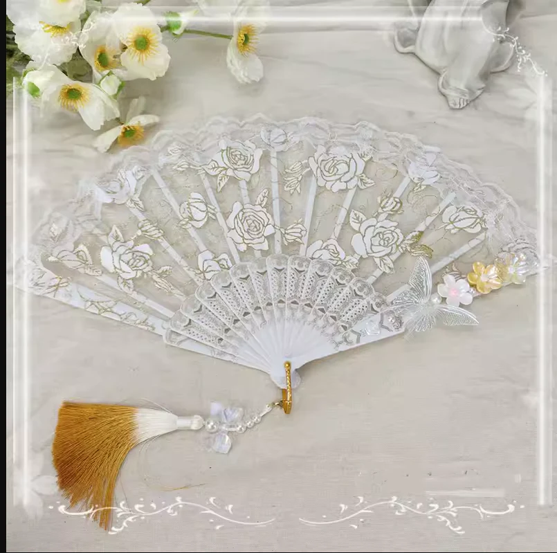 Han Lolita Fan Decorative Folding Fan with Butterfly and Flowers Tassel - Image 3