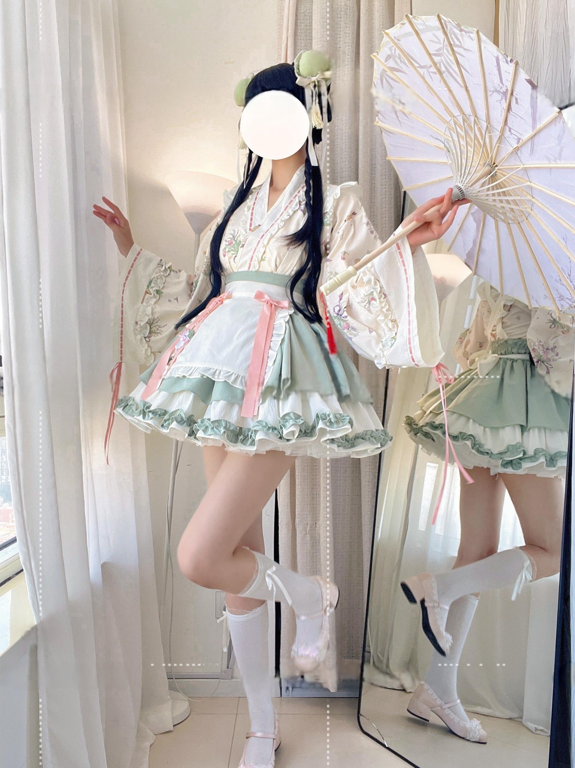 Qianmu - Little Herbalist - Han Lolita Skirt Outfit with Cross-collar Blouse and Apron - Image 10