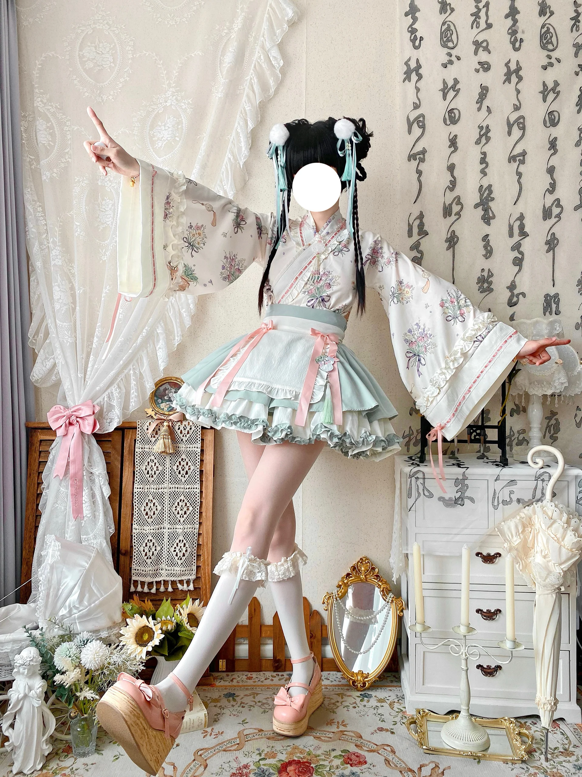 Qianmu - Little Herbalist - Han Lolita Skirt Outfit with Cross-collar Blouse and Apron - Image 14