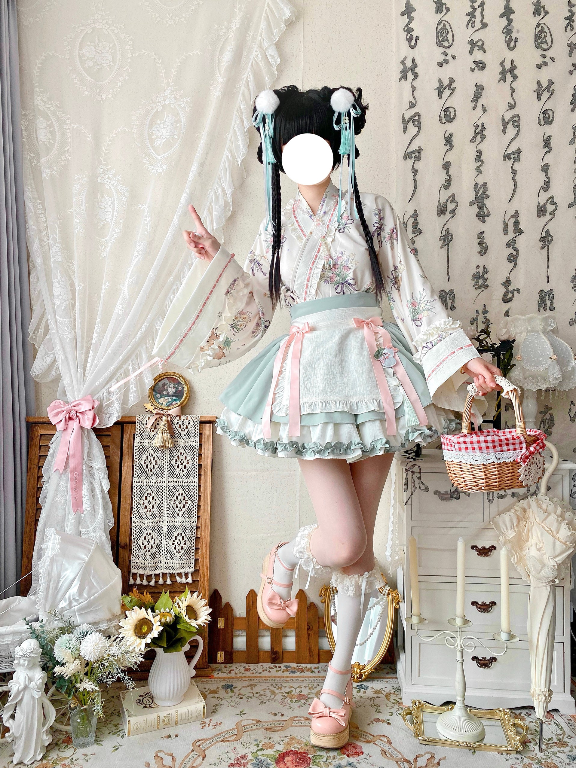 Qianmu - Little Herbalist - Han Lolita Skirt Outfit with Cross-collar Blouse and Apron - Image 15