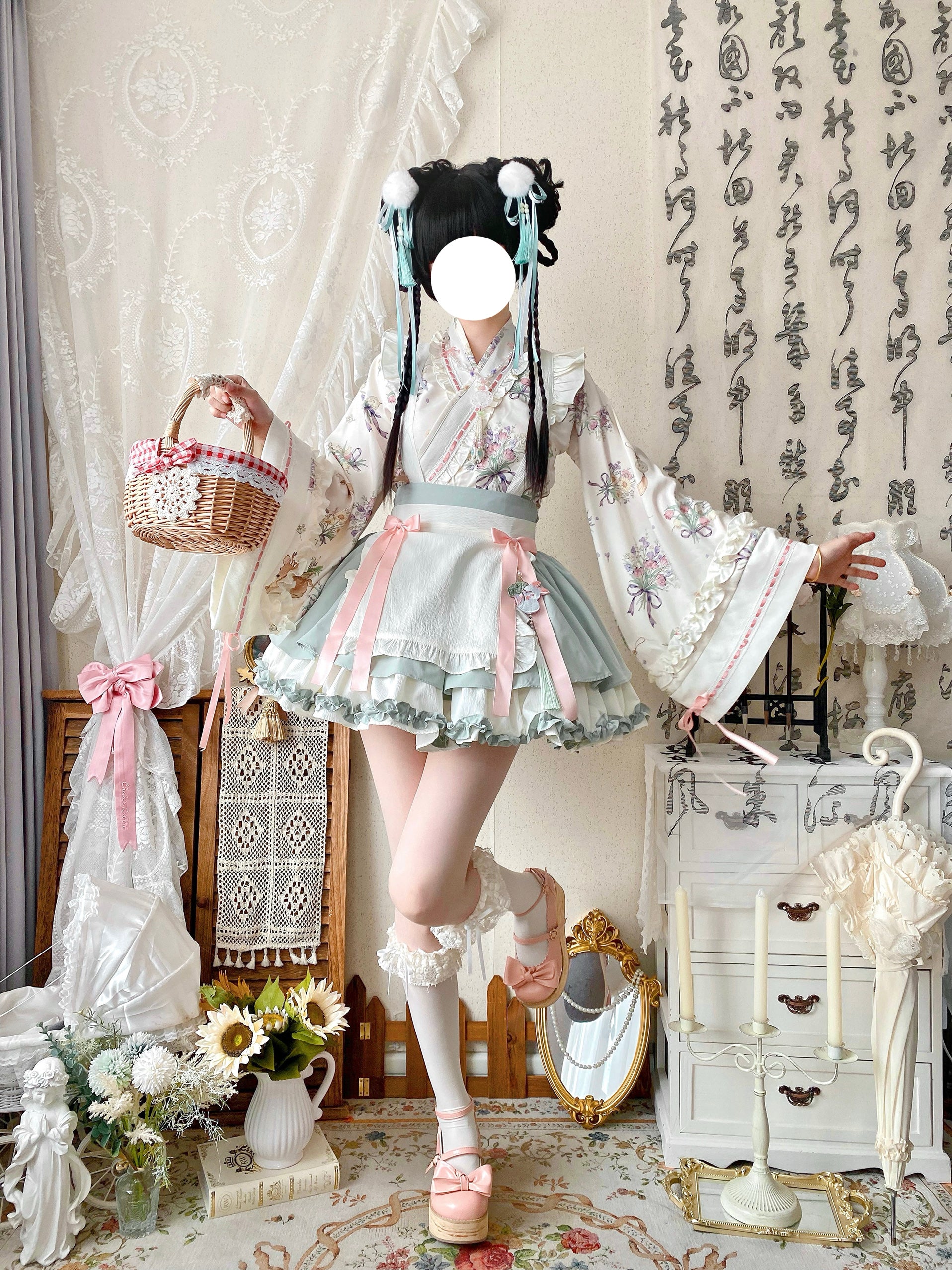 Qianmu - Little Herbalist - Han Lolita Skirt Outfit with Cross-collar Blouse and Apron - Image 16