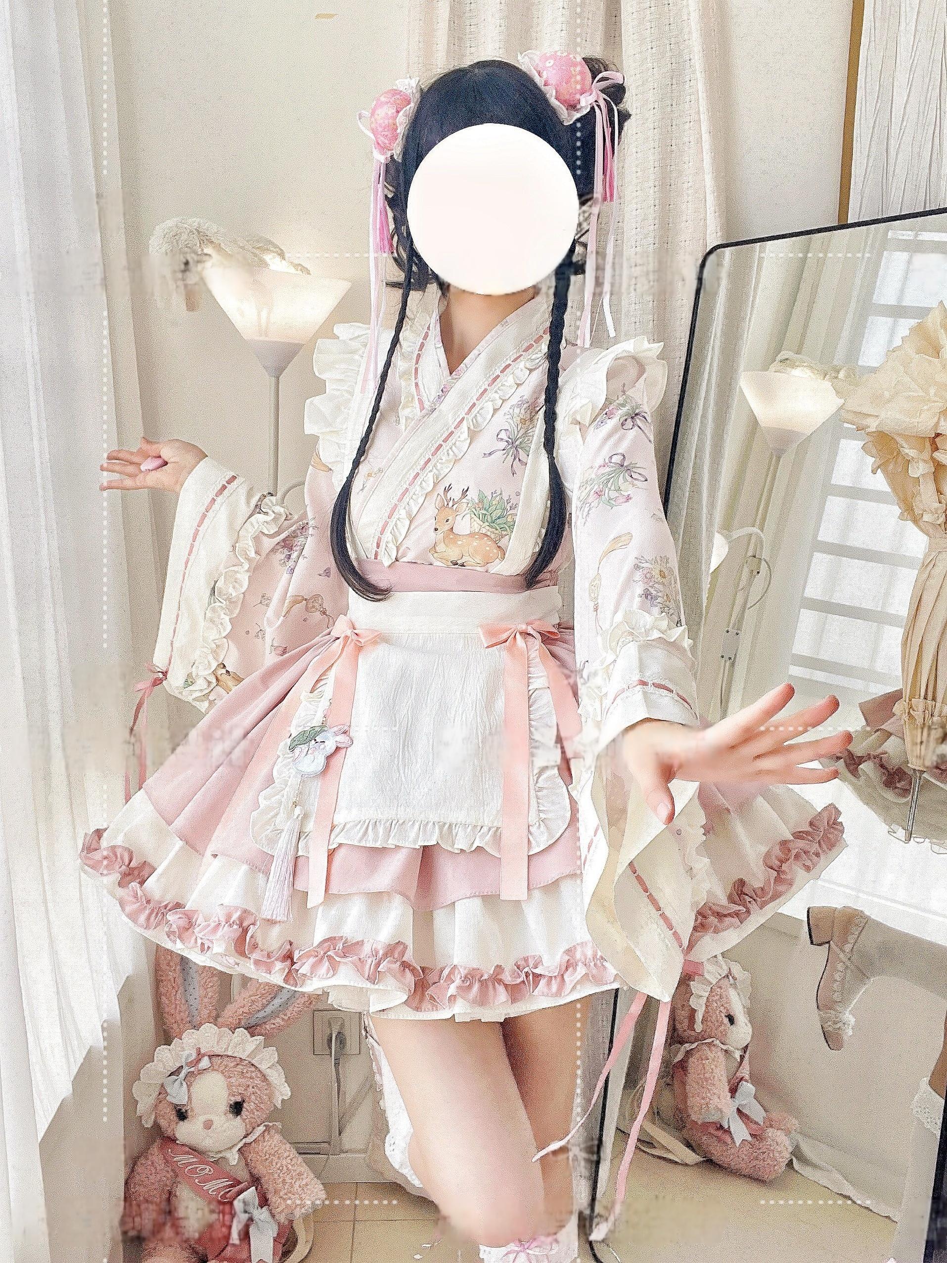 Qianmu - Little Herbalist - Han Lolita Skirt Outfit with Cross-collar Blouse and Apron - Image 2