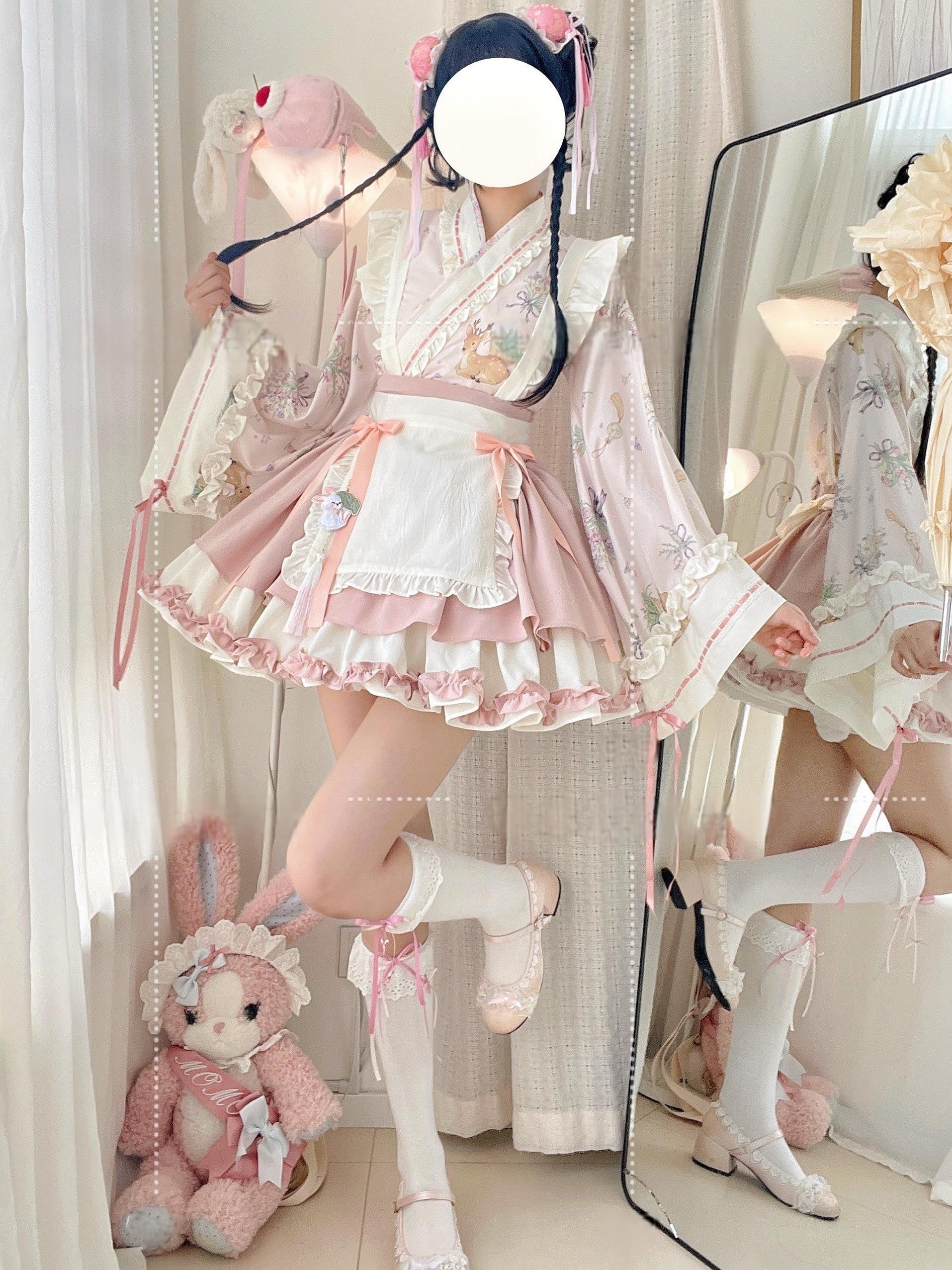Qianmu - Little Herbalist - Han Lolita Skirt Outfit with Cross-collar Blouse and Apron - Image 4