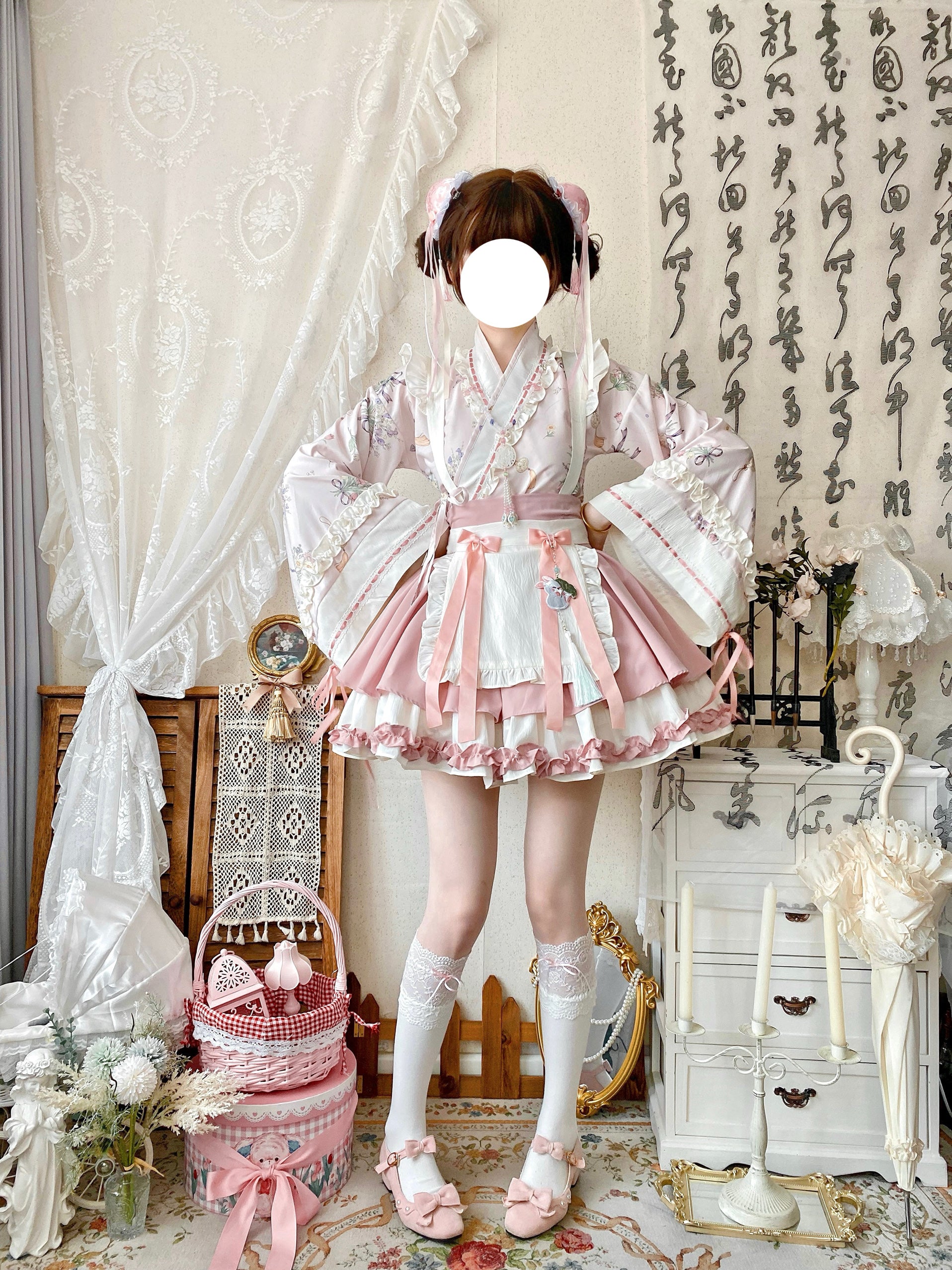 Qianmu - Little Herbalist - Han Lolita Skirt Outfit with Cross-collar Blouse and Apron - Image 6