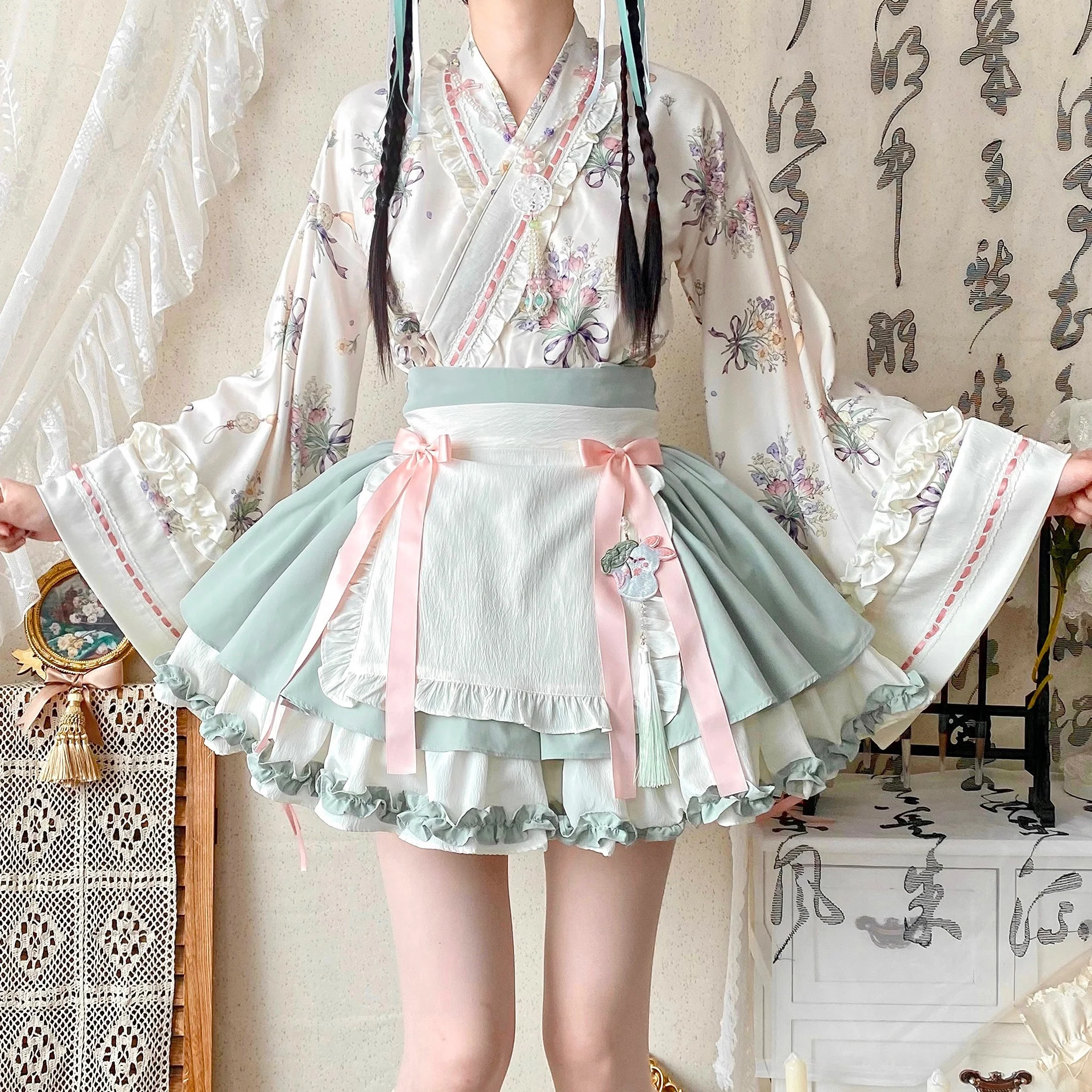 Qianmu - Little Herbalist - Han Lolita Skirt Outfit with Cross-collar Blouse and Apron - Image 9