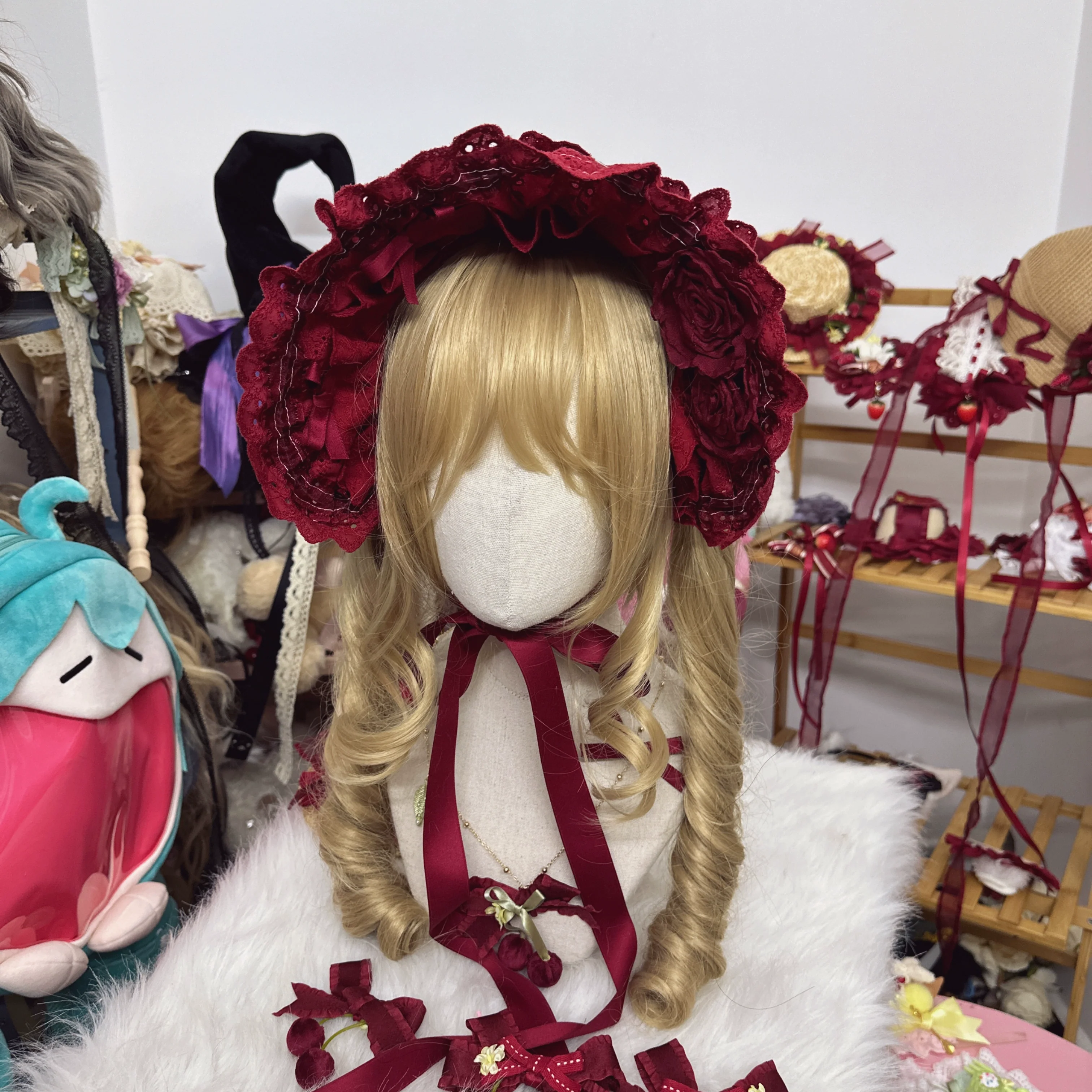 Handmade Cotton Lolita Bonnet Rose Elements BNT - Image 3