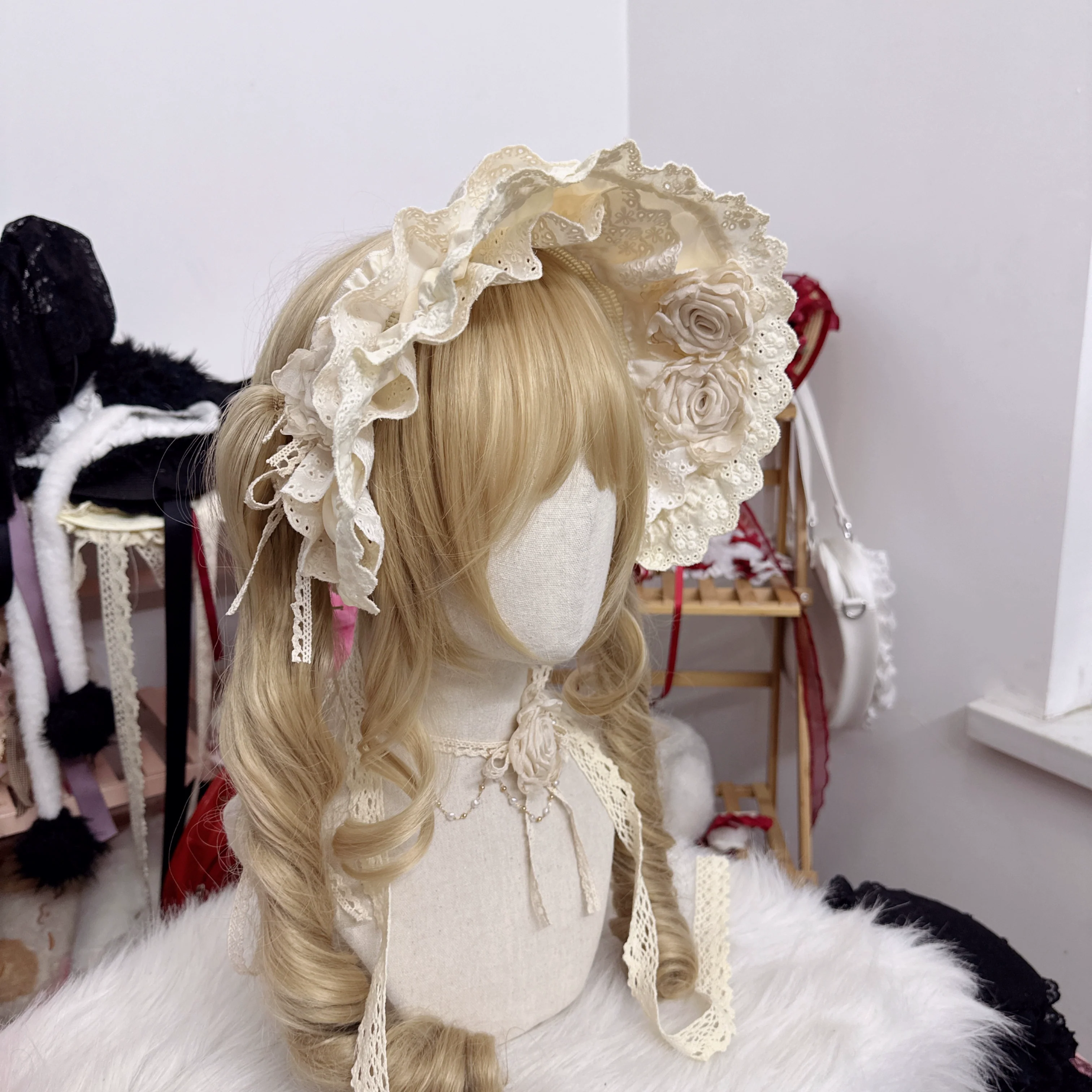 Handmade Cotton Lolita Bonnet Rose Elements BNT - Image 4