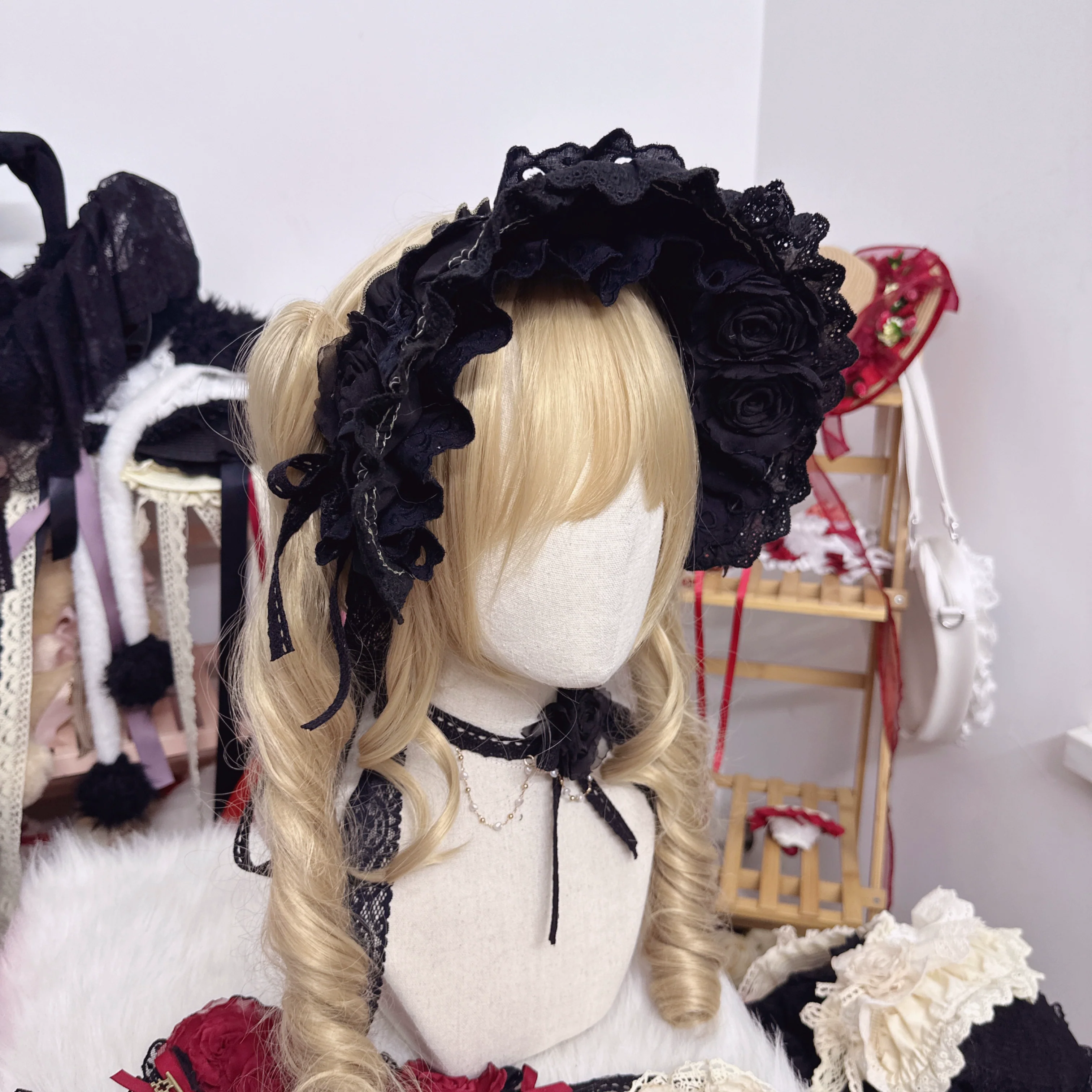 Handmade Cotton Lolita Bonnet Rose Elements BNT - Image 7