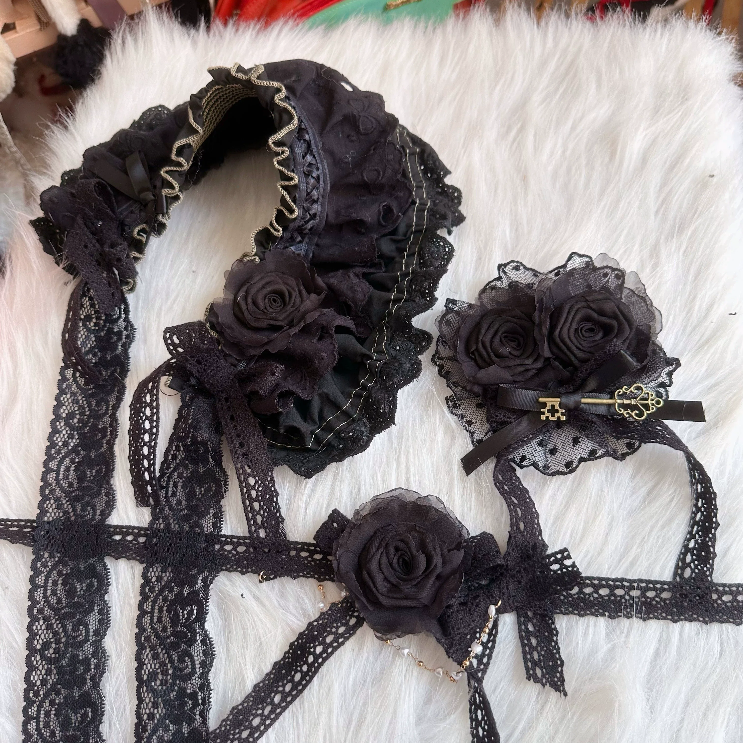 Handmade Cotton Lolita Bonnet Rose Elements BNT - Image 9