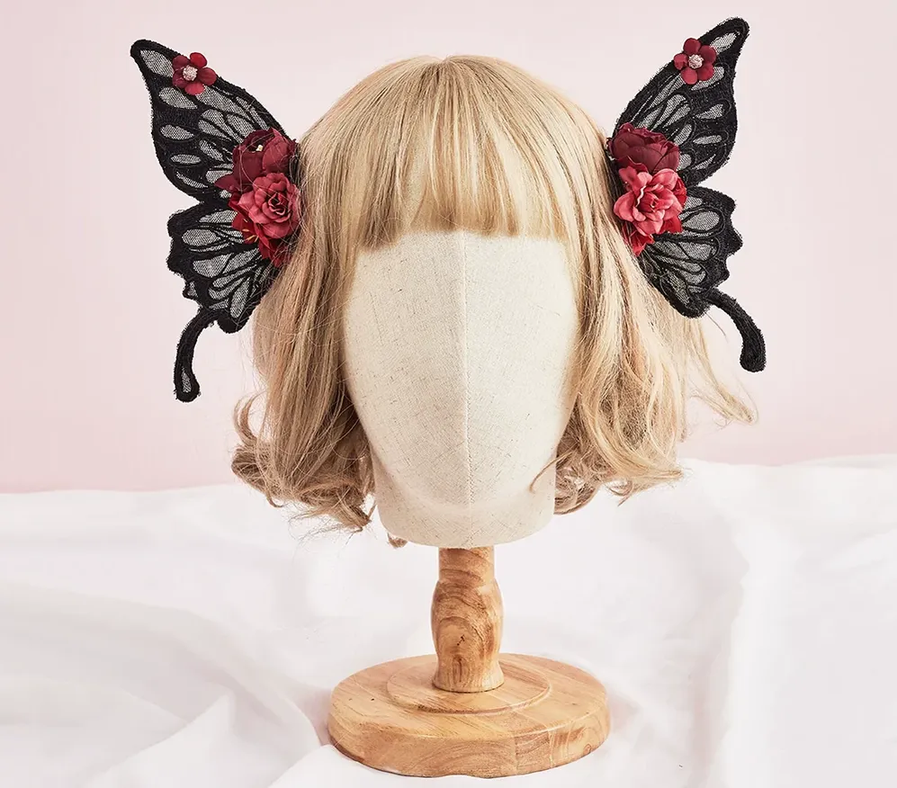 Sugar Time - Gothic Lolita Black Lace Wing Hairclips - Image 2