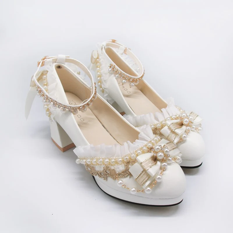 One Night - Handmade White Wedding Lolita Heel Shoes - Image 5