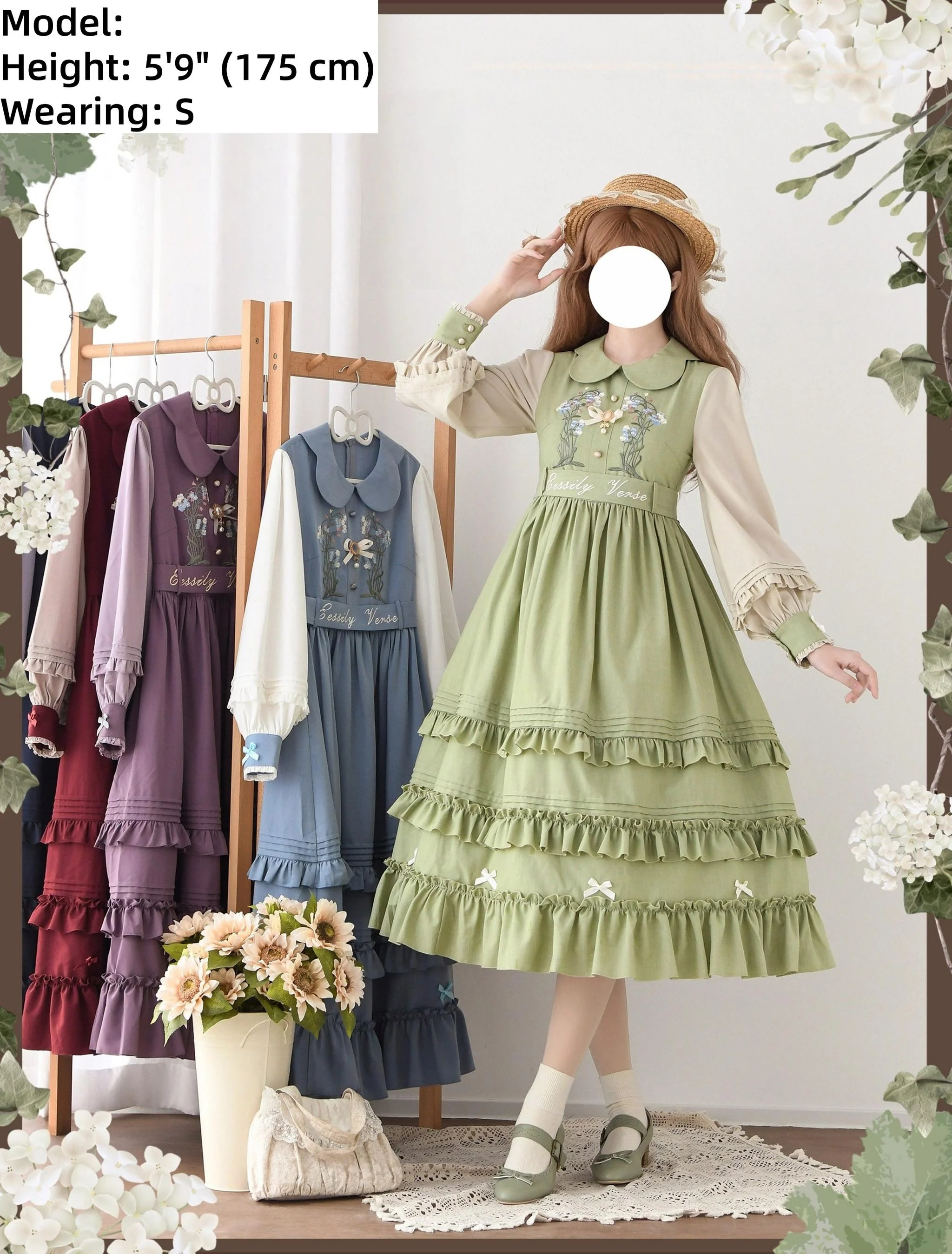 Verdant Name - High-waisted Classic Lolita Dress, Embroidered Bellflower - Image 13