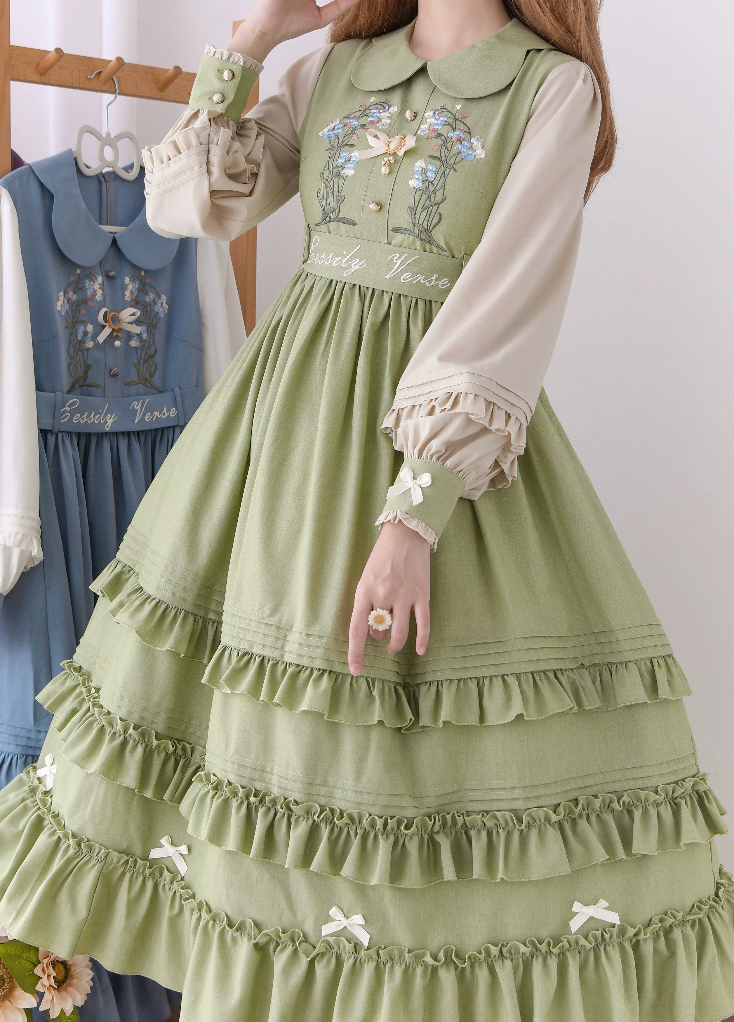 Verdant Name - High-waisted Classic Lolita Dress, Embroidered Bellflower - Image 15