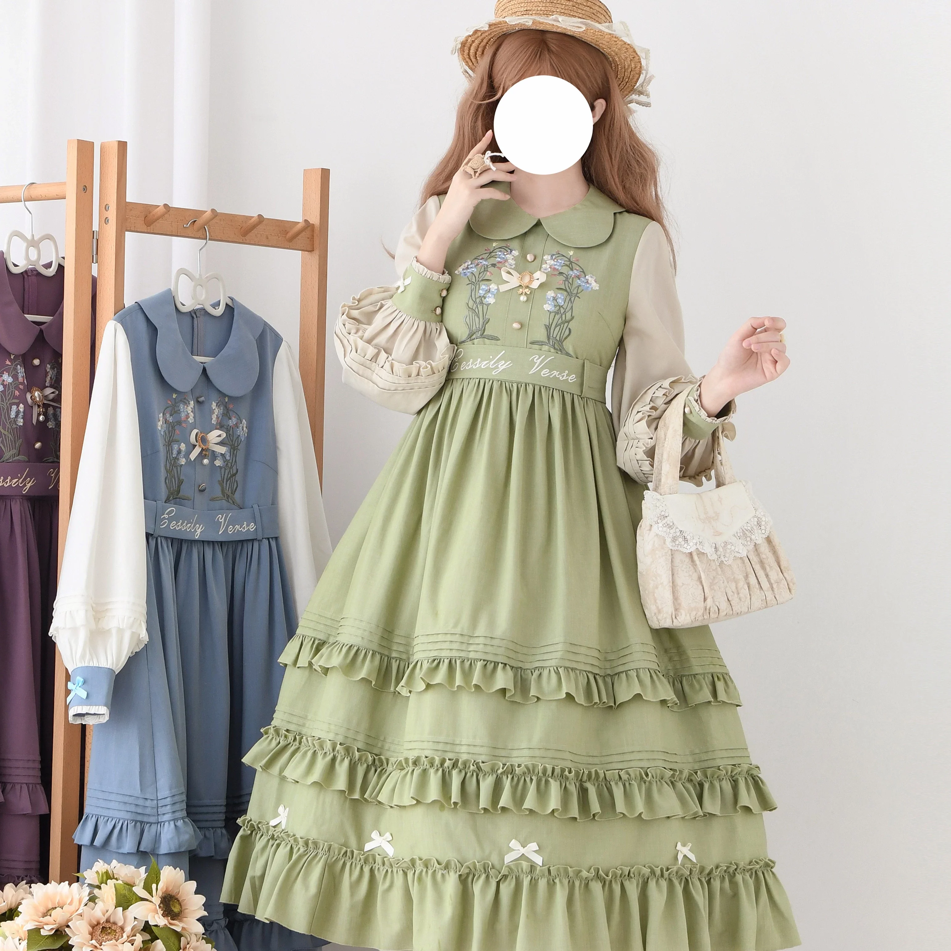 Verdant Name - High-waisted Classic Lolita Dress, Embroidered Bellflower - Image 16