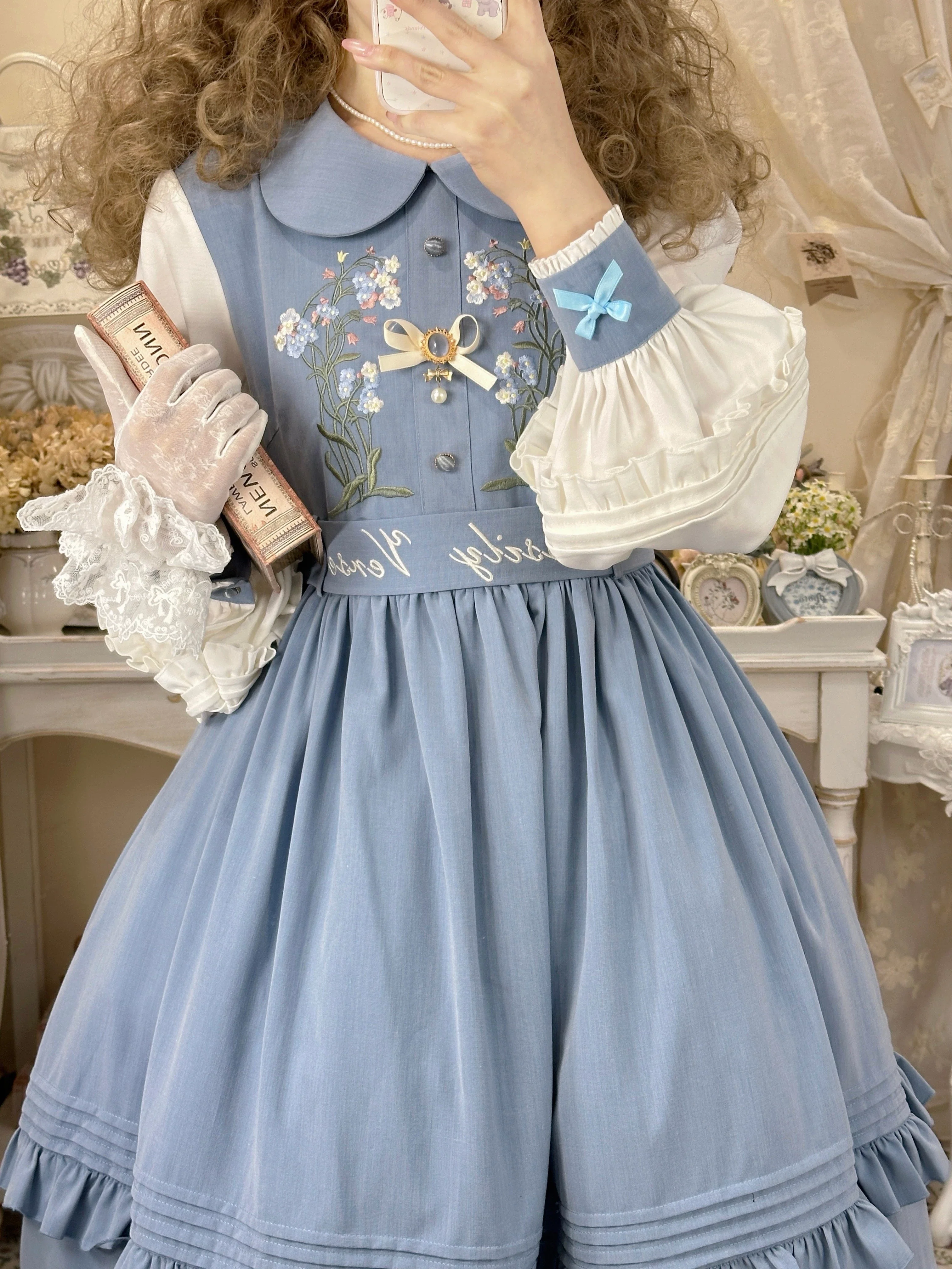Verdant Name - High-waisted Classic Lolita Dress, Embroidered Bellflower - Image 22